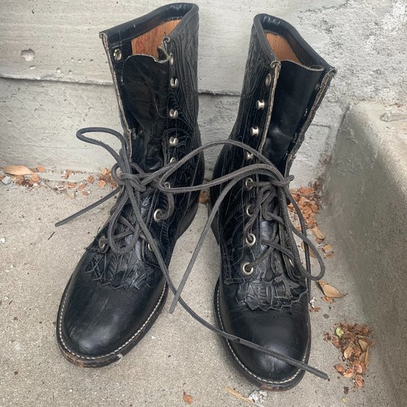 Larry Mahan lace-up tooled leather boots 6M black - Picture 2 of 9